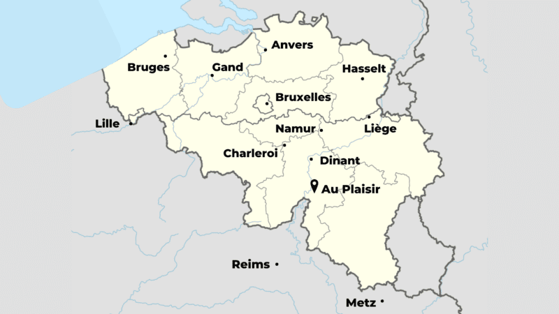 Carte de la Belgique et ses alentours en Français pour se situer au plaisir maison d'hôtes ludique et insolite Hastière Dinant Namur Belgique Cluedo B&B