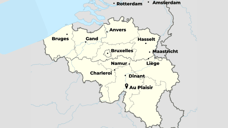 Carte de la Belgique et ses alentours en Nerlandais pour se situer au plaisir maison d'hôtes ludique et insolite Hastière Dinant Namur Belgique Cluedo B&B