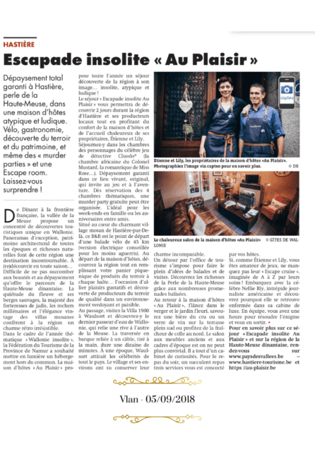 revue de presse on fait la une des journaux au plaisir maison d'hôtes ludique et insolite Hastière Dinant Namur Belgique Cluedo B&B