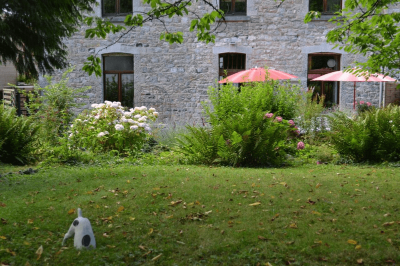 extérieur jardin fleuris maison d'hôtes ludique et insolite Hastière Dinant Namur Belgique Cluedo B&B